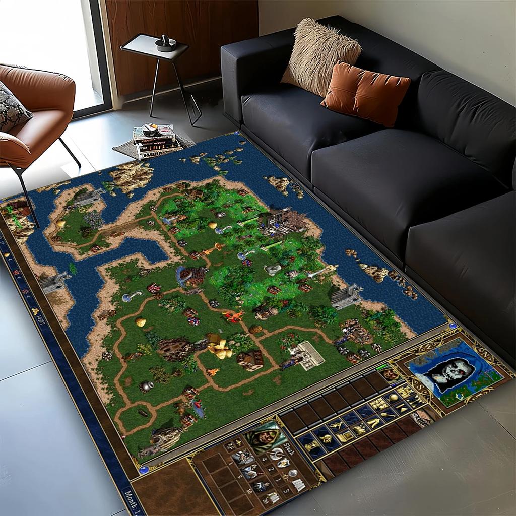 3D HOMM3 Heroes of Might and Magic Karte Schatzkiste Retro-Spiel Teppich für Wohnzimmer Schlafzimmer Zuhause Sofa,Rutschfeste Bodentür Matte
