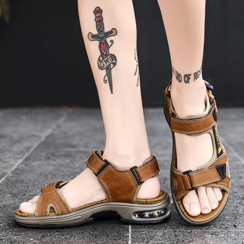 Men's Sandals Premium Leather Open Toe Beach Shoes Summer Adjustable Comfy Sports Sandals with Air Cushion Outdoor Hiking Shoes