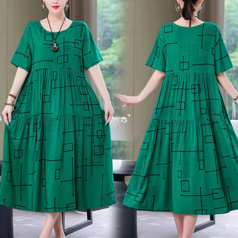 Women's Mid-length Dress,summer Dress for Mothers,cotton Silk Knee-length Dress,middle-aged Women's Dress,plus-size Short-sleeved Beach Dress Women