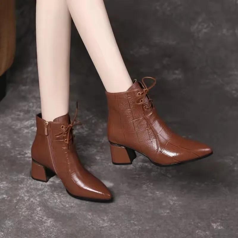 Autumn Winter New Pointed Short Boots 35-42 Leather Zipper Closed Elegant Mid Heel Fashion Ankle Boots Casual Women's Shoes 2024