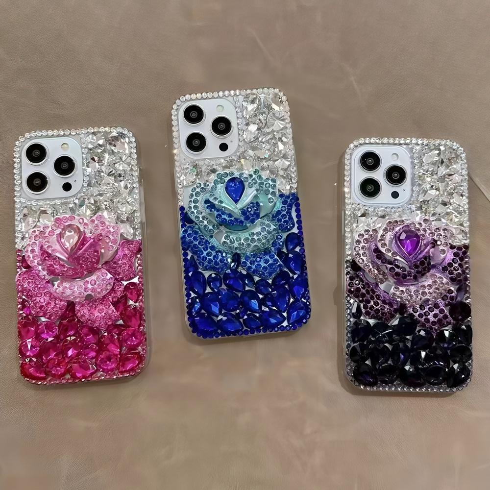 Glitter Rhinestone Rose Flower Phone Case For Samsung Galaxy A57 A37 A56 A36 A26 A55 A35 A25 A54 A34 A24 A52 A72 4G 5G Bling Crystal Diamond Cover