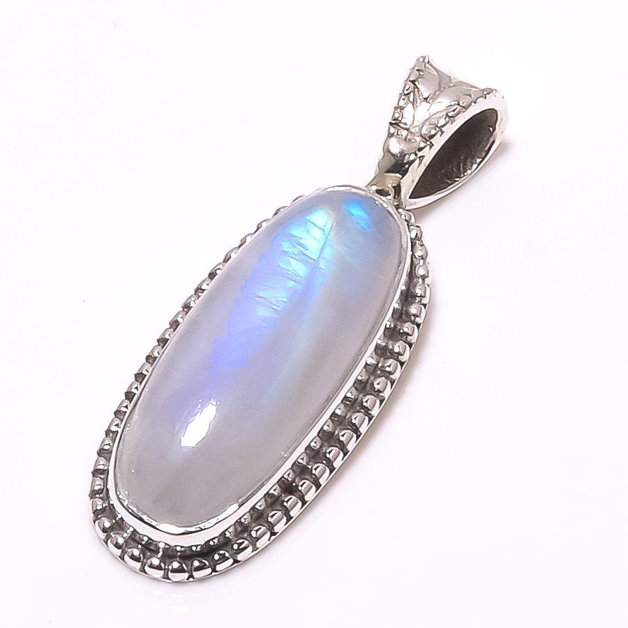 Natural Rainbow Moonstone Gemstone 925 Solid Sterling Silver Pendant 1.30" I9r88