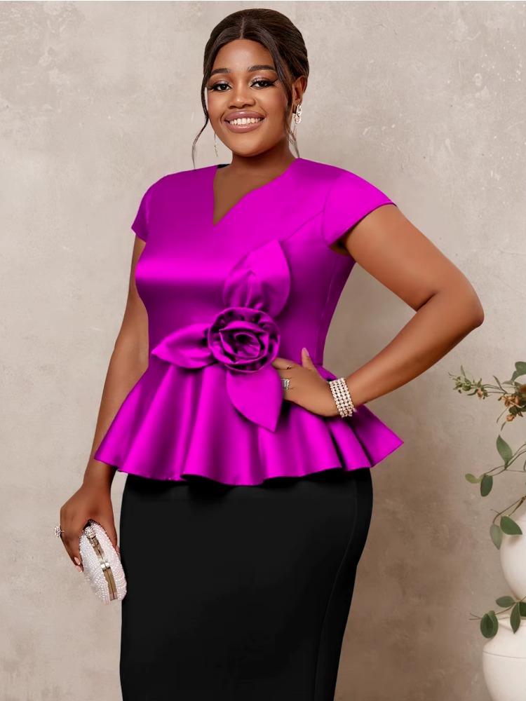 Femme Grande Taille Hauts Blouses Brillantes Col V Péplum Fleur 3D Événement Anniversaire Fête Pull Mariage Invité Ronde Dames Africain Nouveau
