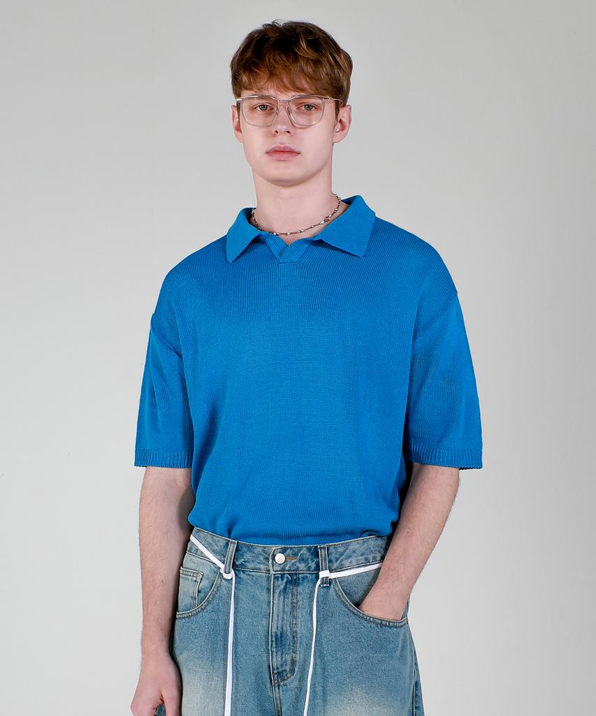 ESN Washable Collared Neck Short Sleeve Knit Blue