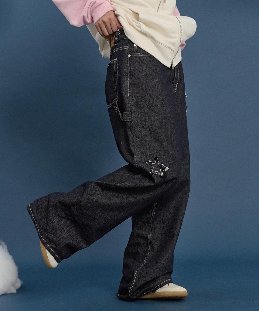 WAIKEI Star Applique Embroidery Denim Pants Indigo Blue
