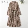 Japanese Mori Girl Spring Autumn Women Dress Stand Collar Floral Print Navy Blue Lace Up Dress Long Sleeve Vintage Midi Dress With Pockets