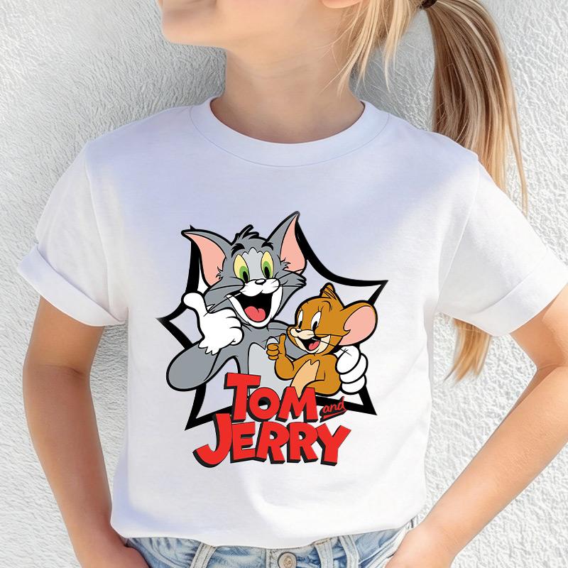 2026 Summer Tom Jerry Print Girls T Shirt 4 To 14 Yrs for Kids Short Sleeve Tees Casual Streetwear Anime Cosplay Clothing