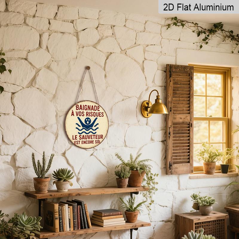 2D Flach, 1 Stück Runde Französische Aluminiumschild - "Schwimmsicherheit" Retro Dekorative Plakette mit "Baignade a Vos Risques" Text, & Design für Badezimmer, Pool