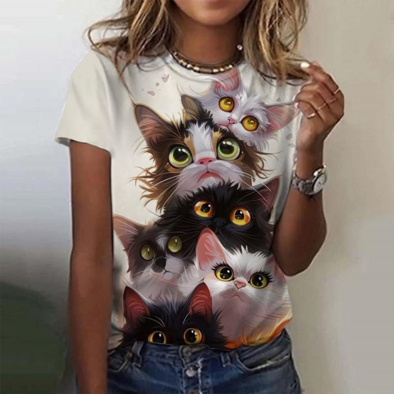 Cute Cat Printed Women's T-Shirt Summer Round Neck Short Sleeved Top Casual Plus Size Clothing Kawaii Animal For Woman T-Shirts