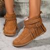 Damen Lässige Vintage Einfarbig Fransen Stiefeletten Bequeme Flache Mittelhohe Zylindrische Runde Zehenpartie Plus Taupe Stiefel für Damen mit Absatz