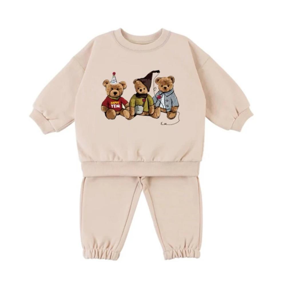 Sıcak Polar Astarlı Bebek Kıyafet Seti Sevimli Yuvarlak Yaka Sweatshirt + Pantolon Çocuk Erkek Kız Kıyafetleri