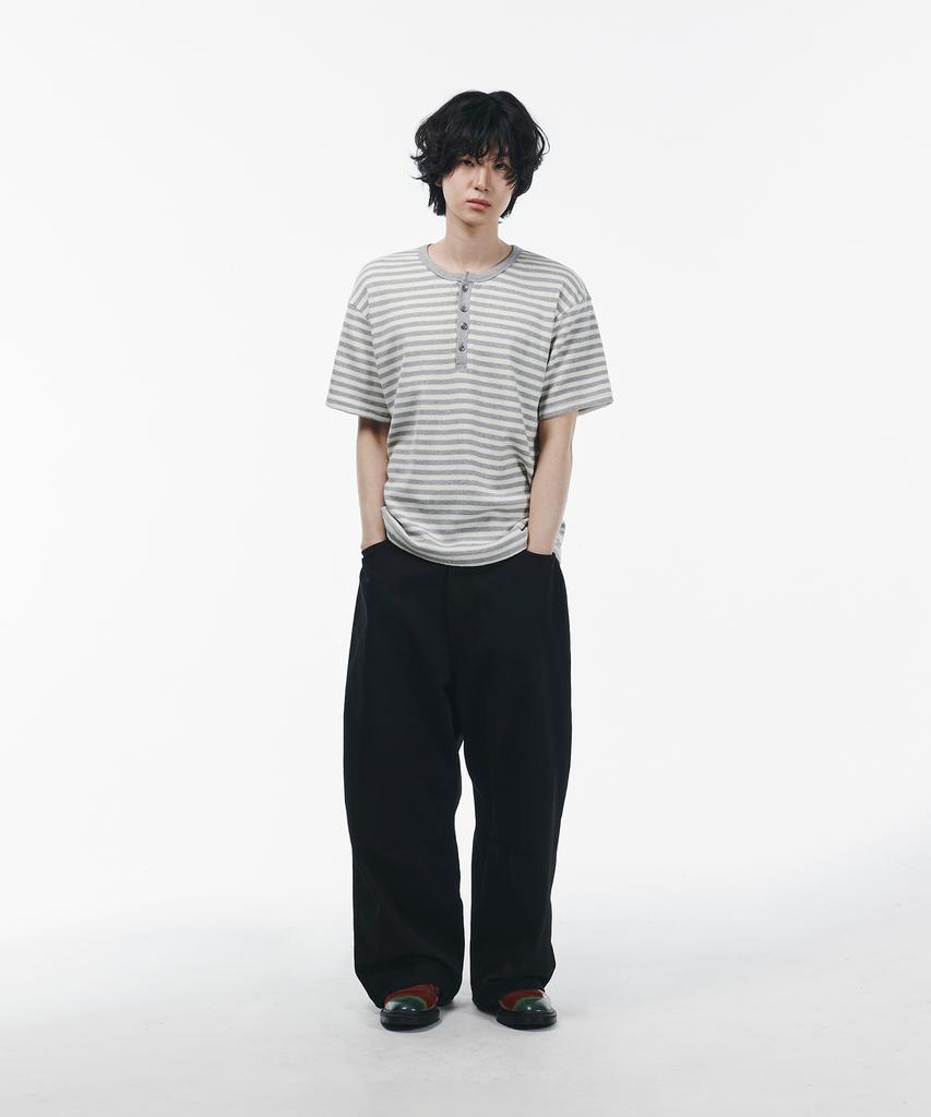 SIGNATURE Striped Henley Neck Short Sleeve T-Shirt [Gray]