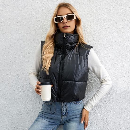 Gepolsterte Weste für Damen, leicht, Stehkragen, ärmellos, kurz, warm, Kordelzug am Saum, Reißverschluss, lässige Weste für Herbst und Winter