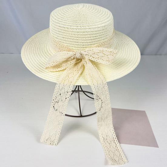 Sun Hat Lace Bow Decor Flat Top Wide Brim Straw Hat Hand-Woven Sunproof