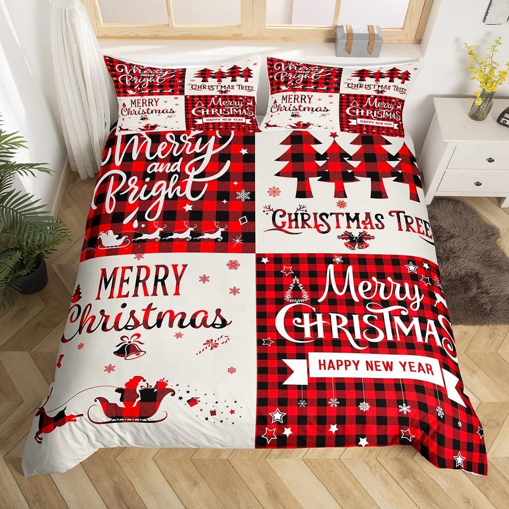 Frohe Weihnachten Bettbezug-Set, Rot kariert Rustikaler Truck Bettdeckenbezug, Karierte Weihnachtsbaum Elch Hirsch Schneeflocke Bettwäsche-Sets