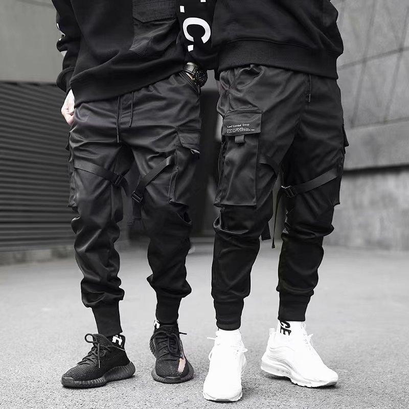 Classic Streetwear Hip Hop Joggers Men Letter Ribbons Cargo Pants Pockets Track Tactical Casual Male Trousers Sweatpant