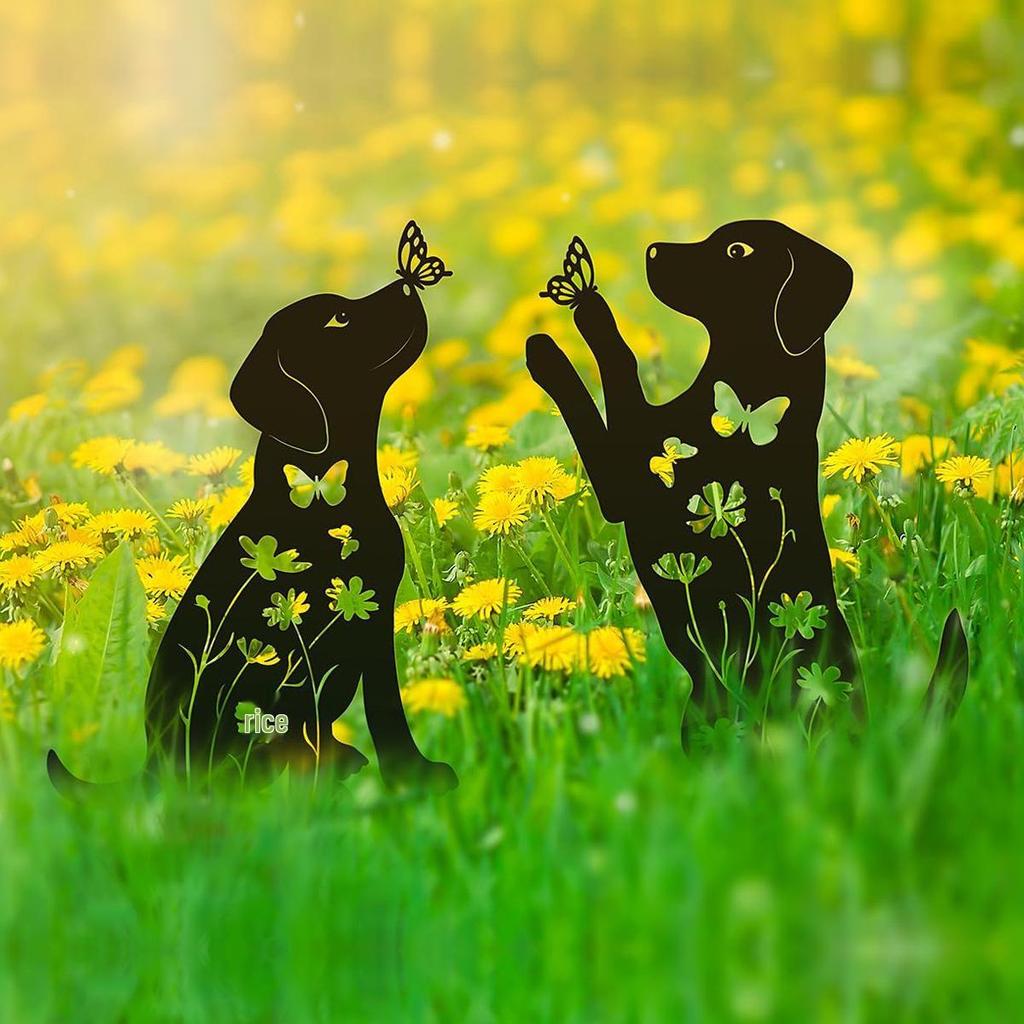 Small Dog Silhouette Garden Ornament: Hollow Iron Art Lawn Decoration.