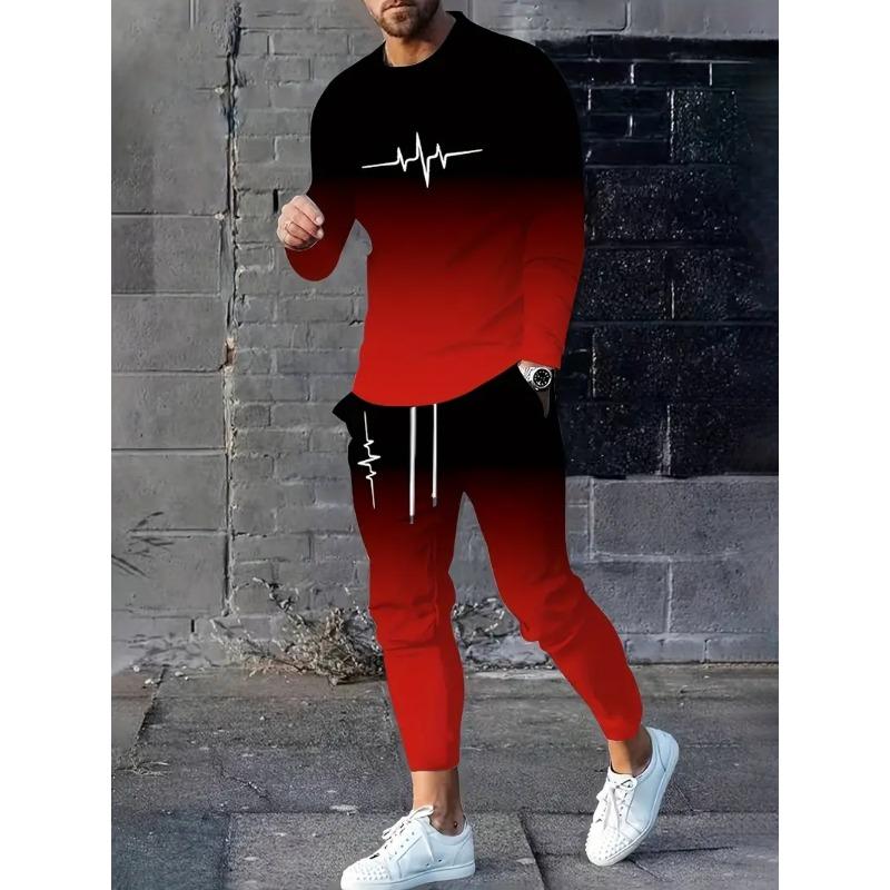 Men's Casual 2-Piece Outfit Long Sleeve T-Shirt & Pants Set Comfortable Crew Neck Tee Breathable Solid Color Pants