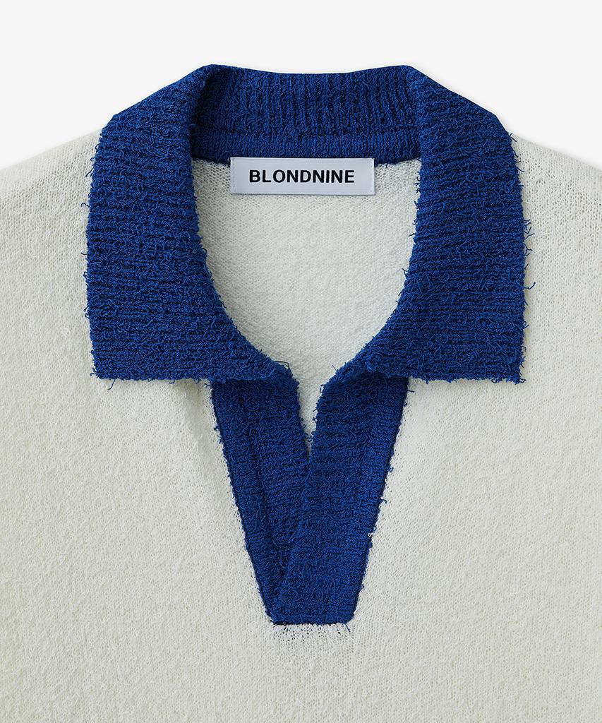 BLOND9 Tail Yarn Coloration Short Sleeve Knit_Ivory Deep Blue