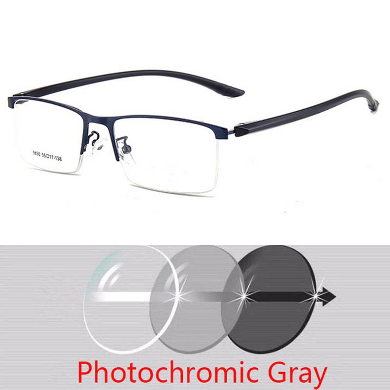 Semi-Rimless Business Metal Eyeglasses Photochromic Lenses and Anti-UV Coating for Men Square Prescription 0 -0.5 -0.75 To -6
