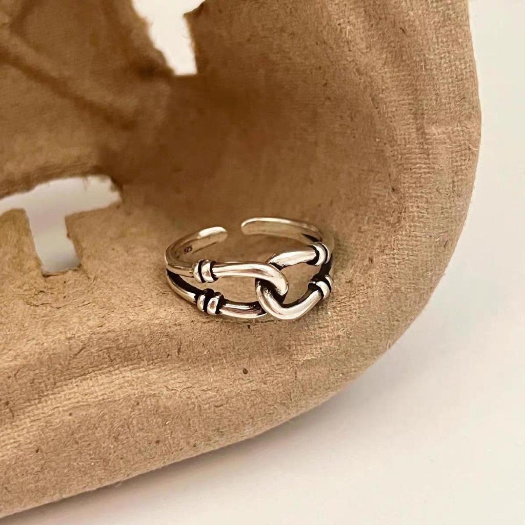 European Thai Silver Rope Knot Ring: Women's Retro Fashion Open Finger Ring with Ancient Style
