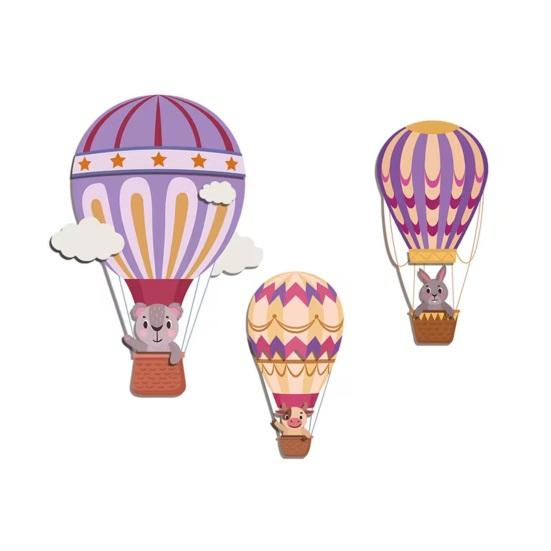 3Pcs Hot Air Balloon Wall Decor Cute Rabbit And Balloon Wooden Art for Nursery Kids Room Living Room Whimsical Hanging