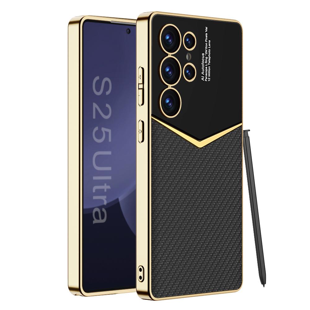 Luxury Leather Gold Plating Frame Phone Case For Samsung Galaxy S23 S24 S25 Ultra Soft Edge S25Ultra S24Ultra Protection Cover