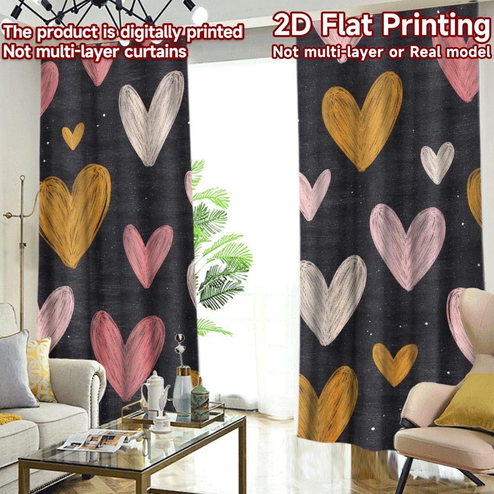 2D FLAT PRINTING 2pcs Curtains (Without Rod) Valentine's Day Chalk Hearts Modern Print Curtains Polyester Easy Install Curtains