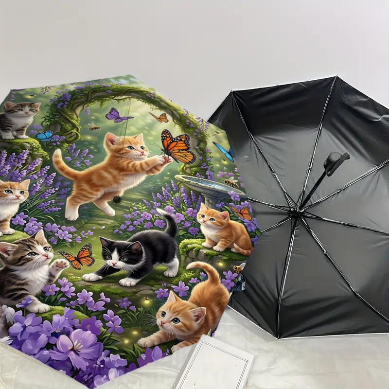 1PC Kittens, Butterflies Umbrella-8-Rib Reinforced Portable Folding Travel Suitable for All Seasons Outdoor Daily Use Is an Ideal Choice  -K0379