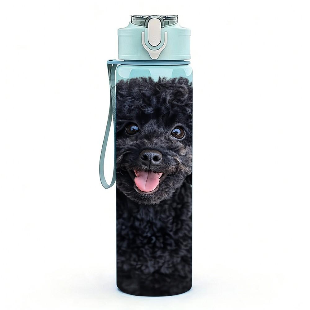 1PC Black Poodle Dog Fluffy Portrait Print 750ml Color Plastic Sports Water Bottle Leakproof Flip Straw Lid Suitable for Sports Office Home Use