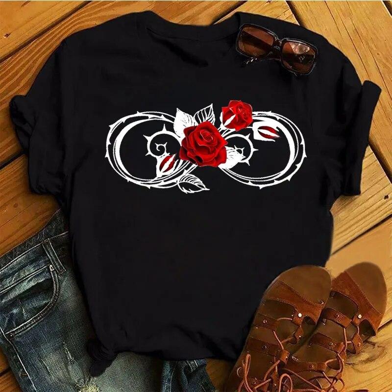 New Women Black T Shirt Red Rose Flower 3D Print Tops Female Short Sleeve Tee Shirts Ladies Summer Cute Graphic T-shirts Clothing