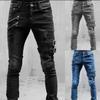 Biker Straight Elastic Jeans Men Zipper Hole Streetwear Punk Skinny Denim Cargo Pants Pantalones Clothing