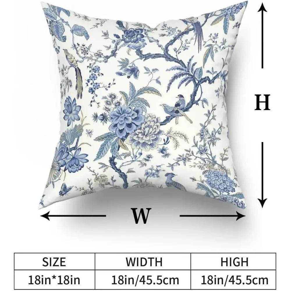 Chinoiserie Pillow Covers Set of 2 Blue and White Outdoor Bule Birds Flowers Throw 18x18 Inch Cotton Square Cushion Cover