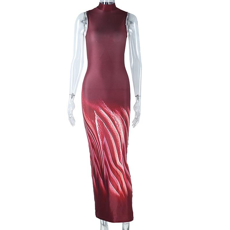 Women's Fashion Stand Collar Dress Sleeveless Print Dress Beautiful Back Set Waist Street Bag Hip Dress