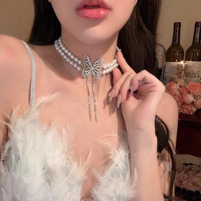 Faux Pearl Choker Necklace Women Elegant White Faux Pearl Necklace Sparkling Rhinestone Choker for Weddings Parties Dating