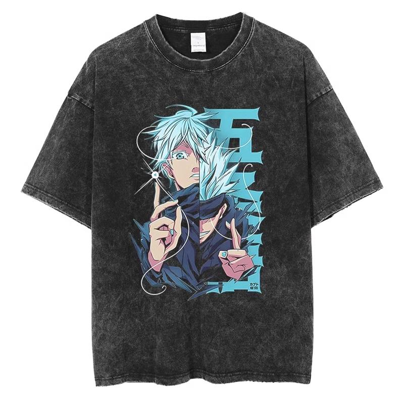Hot Manga Jujutsu Kaisen T Shirt Gojo Satoru Print Tshirt Vintage Washed Streetwear Men Women Clothes Cotton Oversized Tee Shirt