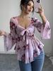 French Floral Asymmetrical Hem Mesh Shirt - Elegant, Sexy, Casual Vacation Top