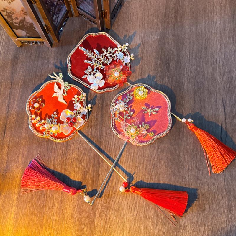Chinese Style Embroidery Fan With Ancient Style Long Handle Tassel Mini Wedding Fan Chinese Hanfu Cheongsam Dance Hand Fan