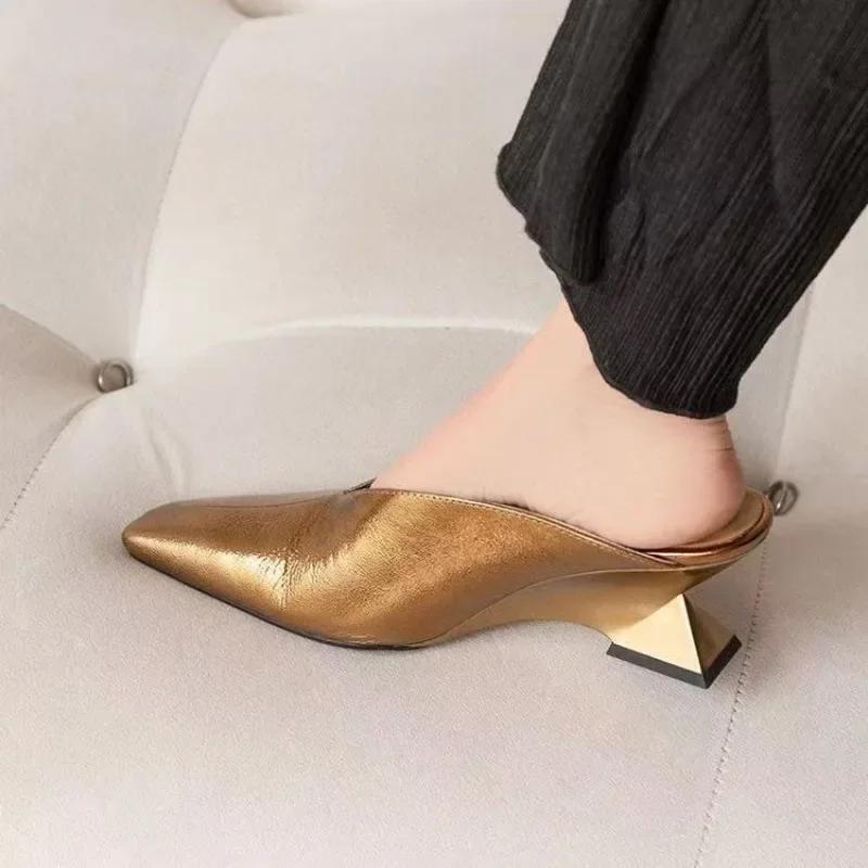 Fashion High Heel Half Drag Summer New Square Toe Deep Mouth Outside Wear Baotou Temperament Wedge Sandals Women