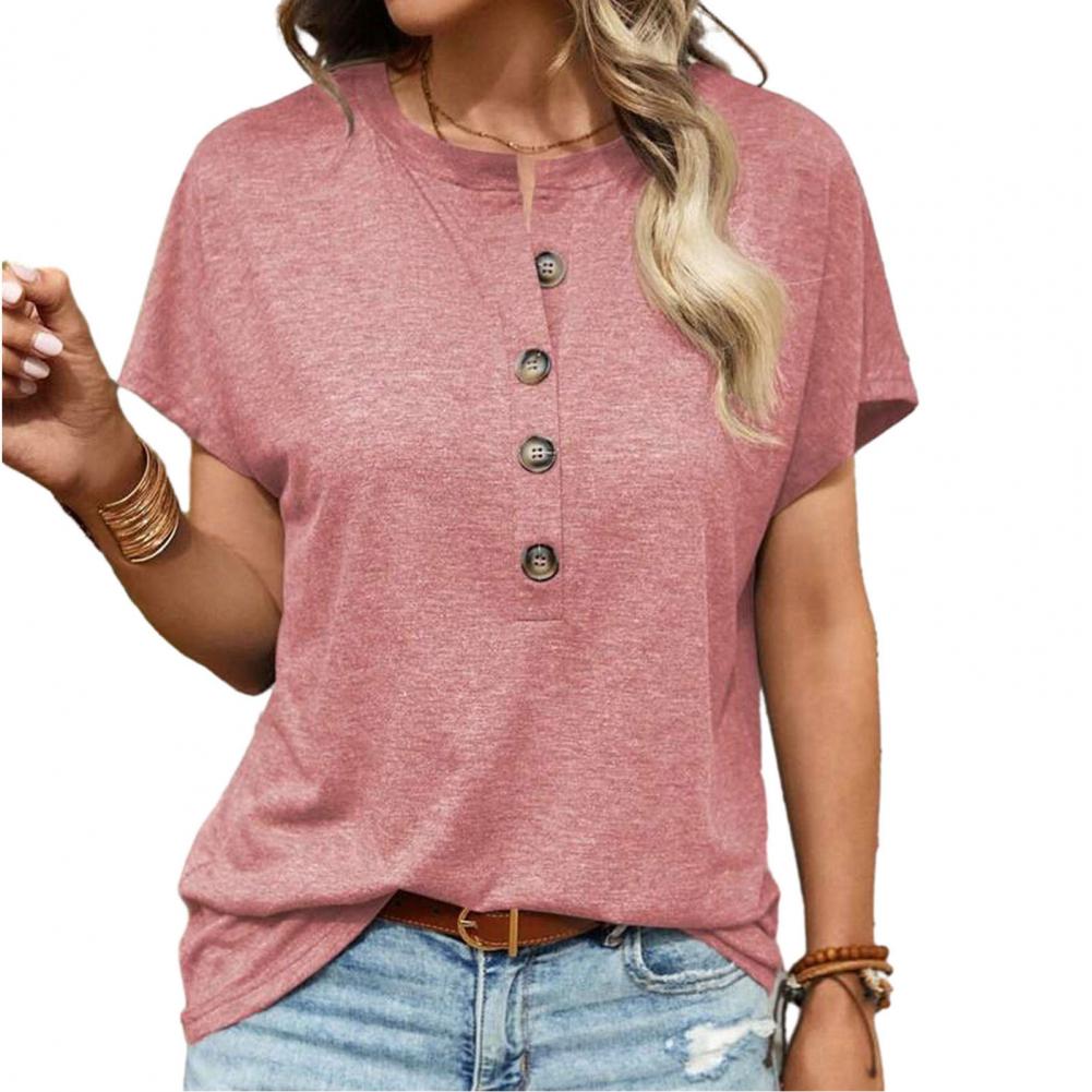 Buttons Half Placket T-shirt O-neck Short Sleeve T-shirt Stylish Women's Summer O-neck Buttoned T-shirt Loose Fit for Streetwear