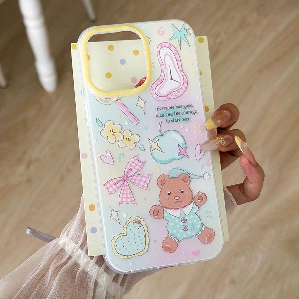 New Color Blocked Bear Bow Suitable for Apple 16 Mobile Phone Case Small Fresh 15PROMAX Protective Case Korean 14