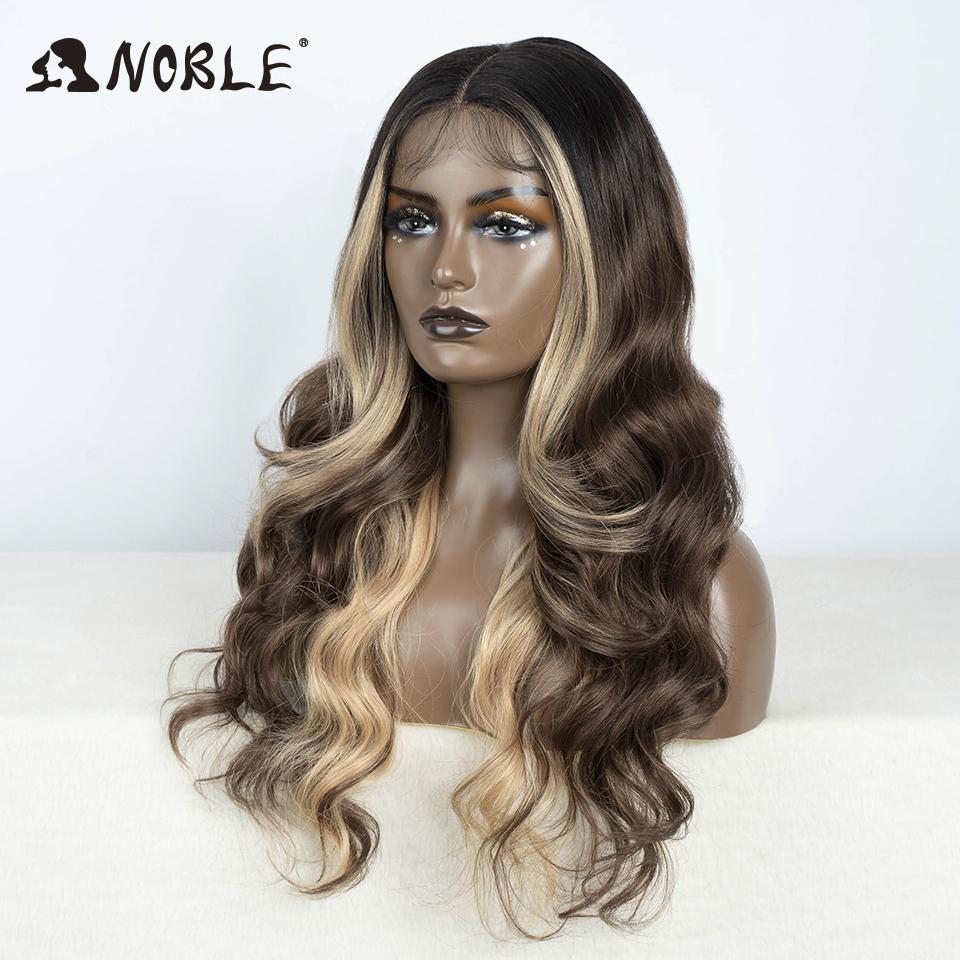 Noble Lace Front Wig Synthetic 28“ Highlight Honey Brown Body Wave Wig Blonde Wigs For Women Lace Wig Synthetic Lace Front Wig