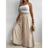 Women Casual Loose Drawstring Mid Waist Solid Color Wide Leg Long Pants