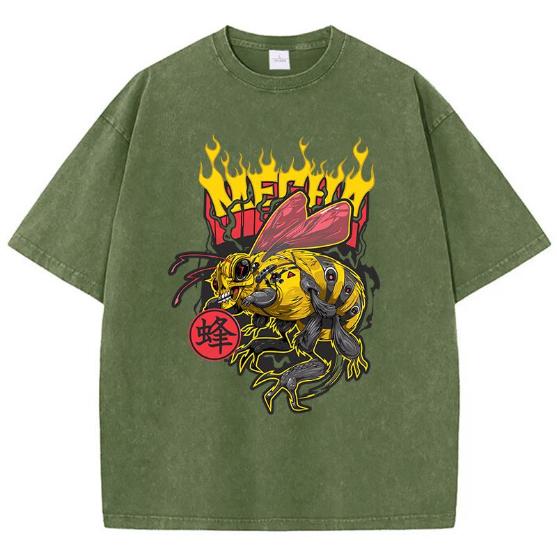 Casual Womans Acid Wash T-Shirts Retro Manga Bees Printing Tops Crewneck Distressed Oversize Cotton Tees Trend Clothes