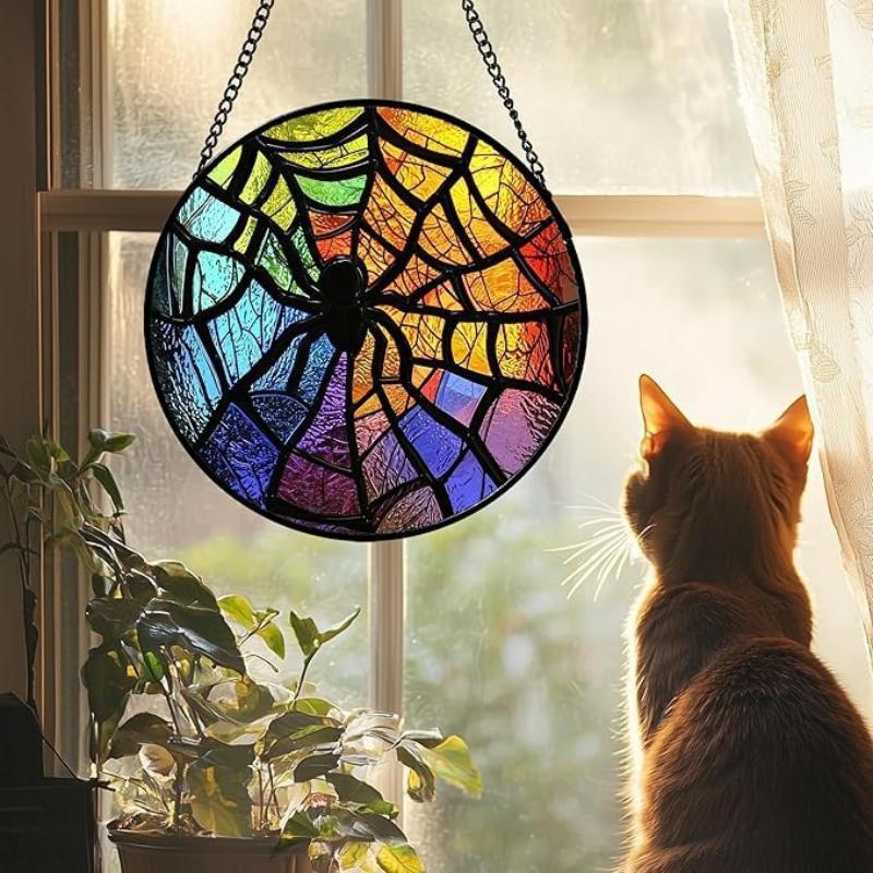 Stained Glass Halloween Pumpkin Suncatcher Cute Ghost Design For Halloween Party Window Hanging Decor