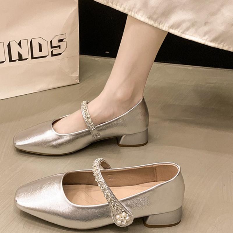 2025 Neue Premium Echte Strassschuhe Frau Elegant Modische Schuhe Mittelhohe Absätze Bankettschuhe Hochhackig
