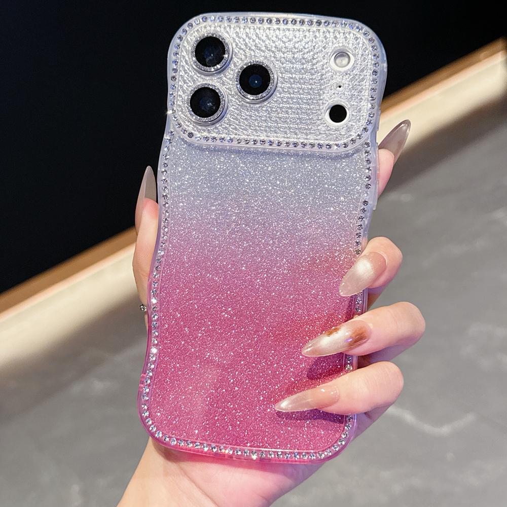 KEYSION Gradient Glitter Jewelled Phone Case for iPhone 13 14 15 Pro Max Wavy Border Lens Protector Shockproof Back Cover