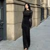 Women's Lace Long Sleeve Crew Neck Ruched Slim Fit Maxi Dress Elegant Party Evening Gown