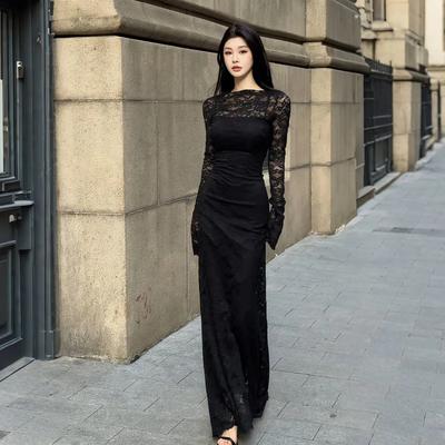Rochie Elegantă de Seară cu Dantelă, Mânecă Lungă, Bodycon, cu Mănuși pentru Femei