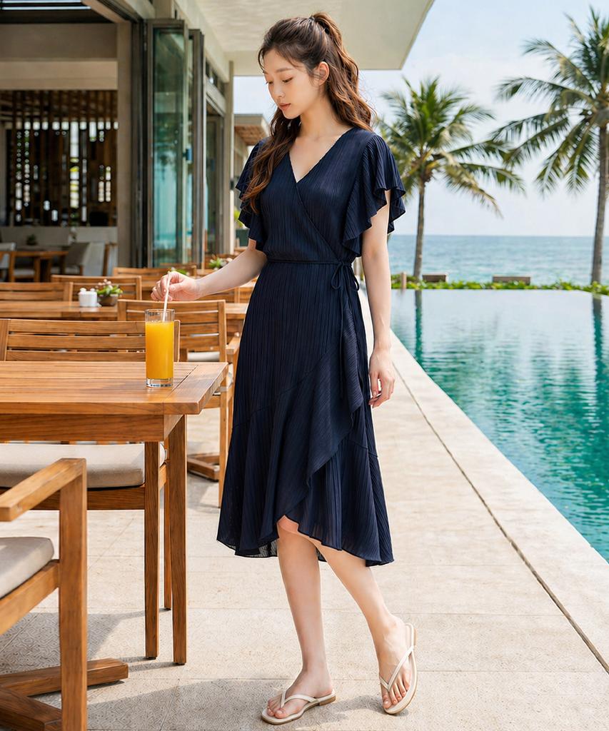 Helingbon Pleated Frill Wrap Strap Midi Dress Hj200